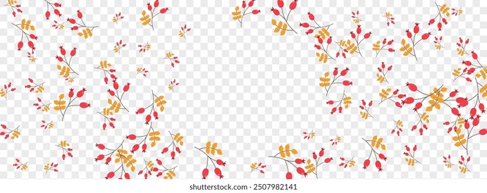 Red Leaves Background Transparent Vector. Foliage Dry Frame. Yellow Leaf Collection. Symbol Texture. Berries Outline.