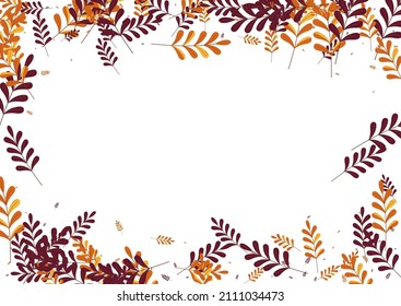 Red Leaves Background White Vector. Herb Cartoon Frame. Yellow Leaf. Golden Foliage Banner. Dry Design.