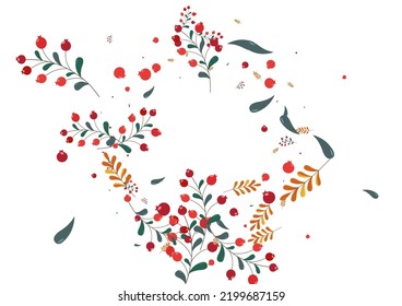 Red Leaves Background White Vector. Berries Material Frame. Green Rowan Fly. Agriculture Set. Foliage Art.