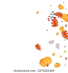 Red Leaves Background White Vector. Vegetable Foliage. Yellow Season Template. November Banner. Orange Pumpkin Floral Texture.
