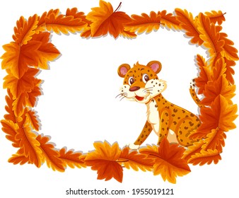 Plantilla de banner de hojas rojas con ilustración de personajes de caricatura de leopardo
