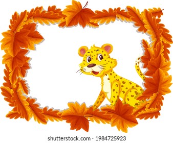Plantilla de banner de hojas rojas con ilustración de personajes de caricatura de leopardo