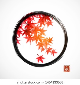 Red leaves of japanese maple in fall. Traditional Japanese ink wash painting sumi-e on white background. Hieroglyph - eternity.