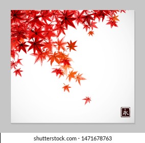 Red leaves of japanese maple in fall. Traditional Japanese ink wash painting sumi-e. Hieroglyph - eternity