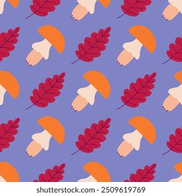 Red leaves and mushrooms with orange cap on blue background. Design for fabric, textiles, wrapping paper, nature-inspired illustrations. Vector Seamless pattern in flat style.
