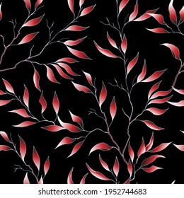 Hojas rojas sobre un fondo negro, un patrón de lujo impecable. Ilustración vectorial noble para tela, terciopelo, seda, ropa de cama.