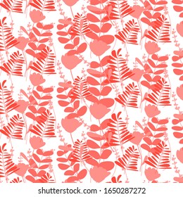 Red leaves seamless pattern. Vector flat illustration of branches with leaves on white background. Bright backdrop for invitation, posters, brochure, voucher, sale and discount card design.