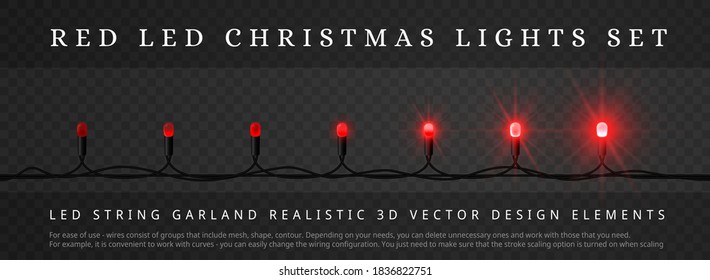 Red LED Christmas lights with different phase of light. Decoration elements for holidays design. Block structure, easy editing. Instruction at bottom of pic.. Easy to animate. Realistic 3D Vector