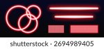 Red led light set with neon strip lamps, tube bulbs and circular rings on transparent background. Glowing panel ribbons with bright illumination effect for party or futuristic technology design.