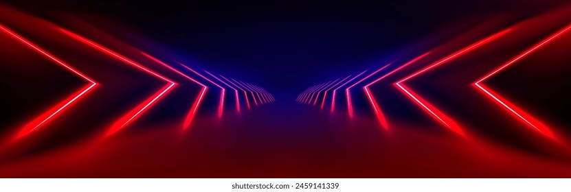 Túnel de luz led rojo sobre fondo negro. Ilustración realista del Vector de la iluminación abstracta del arco de neón que brilla en el escenario oscuro, pasillo del rayo láser para la decoración de la discoteca, ciberespacio futurista