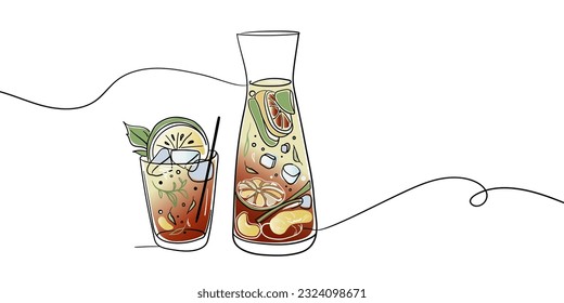 Сarafe with red lemonade line art drawing on white background. Summer drink outline. Drinks for cafe menu vector illustration