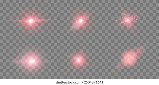 Red lens flares set. Sun flash with rays spotlight and bokeh. Red glow flare light effect. Isolated on transparent background. Vector illustration.