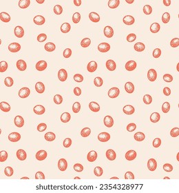 Red lentil peas seamless pattern repeating background. Hand drawn engraved lentil bean seeds in decorative ornament. Cereal harvest, food. For design, packaging, label, print, card.Vector illustration