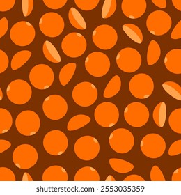 Red lentils seamless pattern. Orange wallpaper with seeds. legumes wallpaper on brown background. Vector graphic.