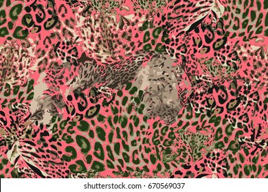 Red leopard pattern. Grunge seamless background with animal print. Safari textile collection.