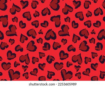 
Red leopard pattern, print from hearts, seamless trendy background for print