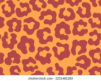 Red leopard rosettes on orange seamless pattern vector. Cartoon bold colored animal skin texture. Hand-drawn panthera cartoon surface design