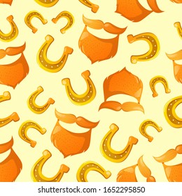 Red leprechaun beard and lucky golden horseshoes. Vector seamless pattern for Saint Patrick's Day holiday design.