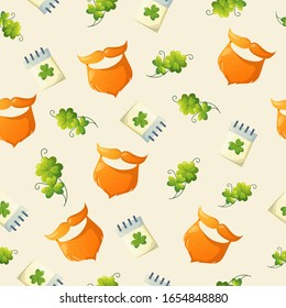 Red leprechaun beard and lucky green shamrock. Vector seamless pattern for Saint Patrick's Day holiday design.