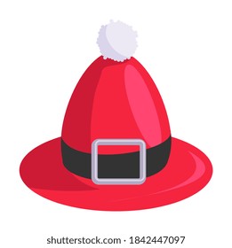 Red leprechaun hat with fur ball and belt isolated on white