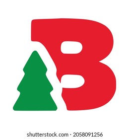 Red letter b with fir vector clip art, Christmas lettering isolated on white background