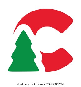 Red letter c with fir vector clip art, Christmas lettering isolated on white background
