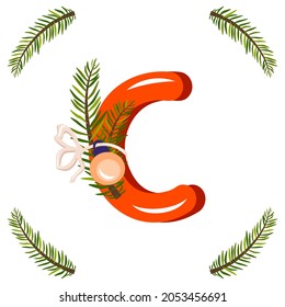 Red letter C with green Christmas tree branch, ball with bow. Festive font for Happy New Year and bright alphabet