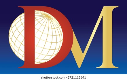 Red letter d with globe graphic and gold letter m on blue gradient background