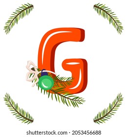 Red letter G with green Christmas tree branch, ball with bow. Festive font for Happy New Year and bright alphabet