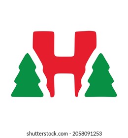 Red letter h with fir vector clip art, Christmas lettering isolated on white background