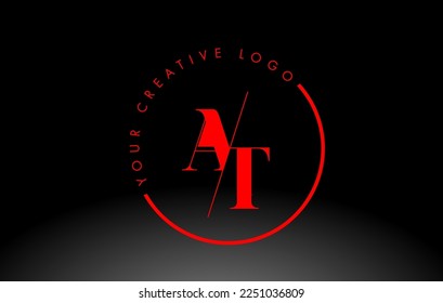 Red AT Letter Logo Design with Creative Intersected and Cutted Serif Font.