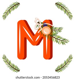 Red letter M with green Christmas tree branch, ball with bow. Festive font for Happy New Year and bright alphabet