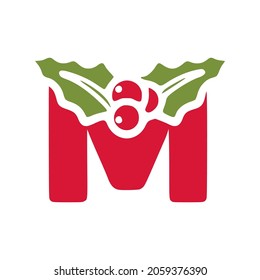 Red letter m with mistletoe, Christmas lettering vector clip art isolated on white background