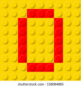 Red letter O in yellow plastic construction kit. Typeface  sample.