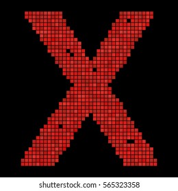 Red letter pixel X. Alphabet  vector hi tech design. Pixel digital art.