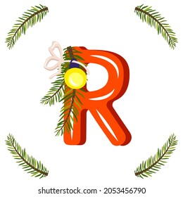 Red letter R with green Christmas tree branch, ball with bow. Festive font for Happy New Year and bright alphabet