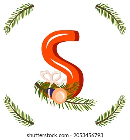 Red letter S with green Christmas tree branch, ball with bow. Festive font for Happy New Year and bright alphabet