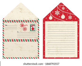 Red letter to Santa Claus. Layout of the envelope front and back. Christmas vector illustration.
