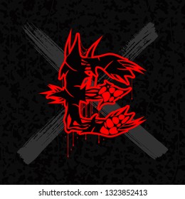 Red letter with spines and bloodlines on dark background.