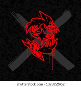 Red letter with spines and bloodlines on dark background.
