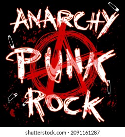 A red letter symbol of Anarchy with white Anarchy Punk Rock text on black background with safety pins. Vector hand drawn illustration.