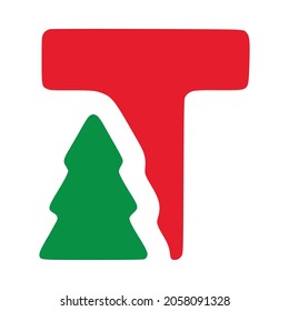 Red letter t with fir vector clip art, Christmas lettering isolated on white background