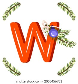 Red letter W with green Christmas tree branch, ball with bow. Festive font for Happy New Year and bright alphabet