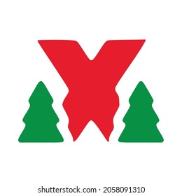 Red letter x with fir vector clip art, Christmas lettering isolated on white background