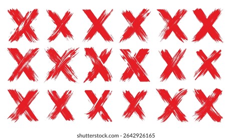 Red letter X mark icon set with brush stroke style
