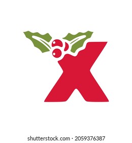Red letter x with mistletoe, Christmas lettering vector clip art isolated on white background
