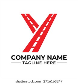 Una letra roja y concepto de logotipo con un tema de carretera y transporte