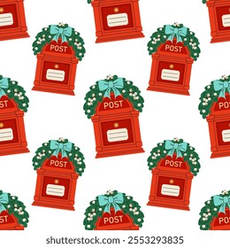 Red letterbox decorated with spruce garland with mistletoe berries. Christmas seamless pattern. For textile, wrapping paper, background.	