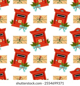 Red letterbox and paper envelope tied with string. Christmas seamless pattern. For textile, wrapping paper, background.