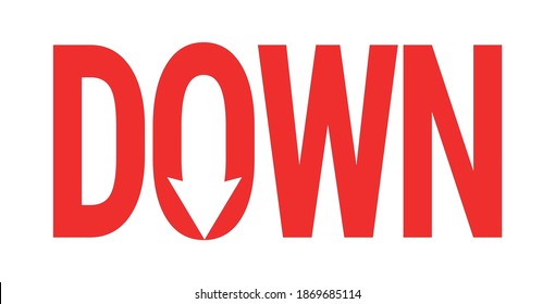 Logo con grabado rojo ABAJO sobre un fondo blanco. Flecha abajo. Reducir icono vectorial. Ilustración de vector de color